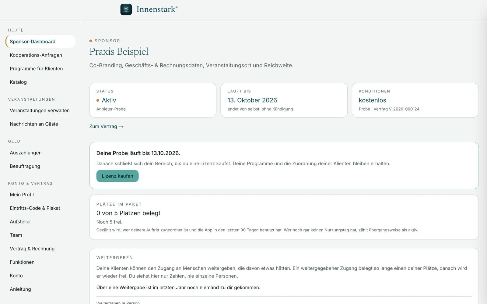 Die Konsole einer Praxis: Status, Laufzeit, belegte Plätze und Weitergabe