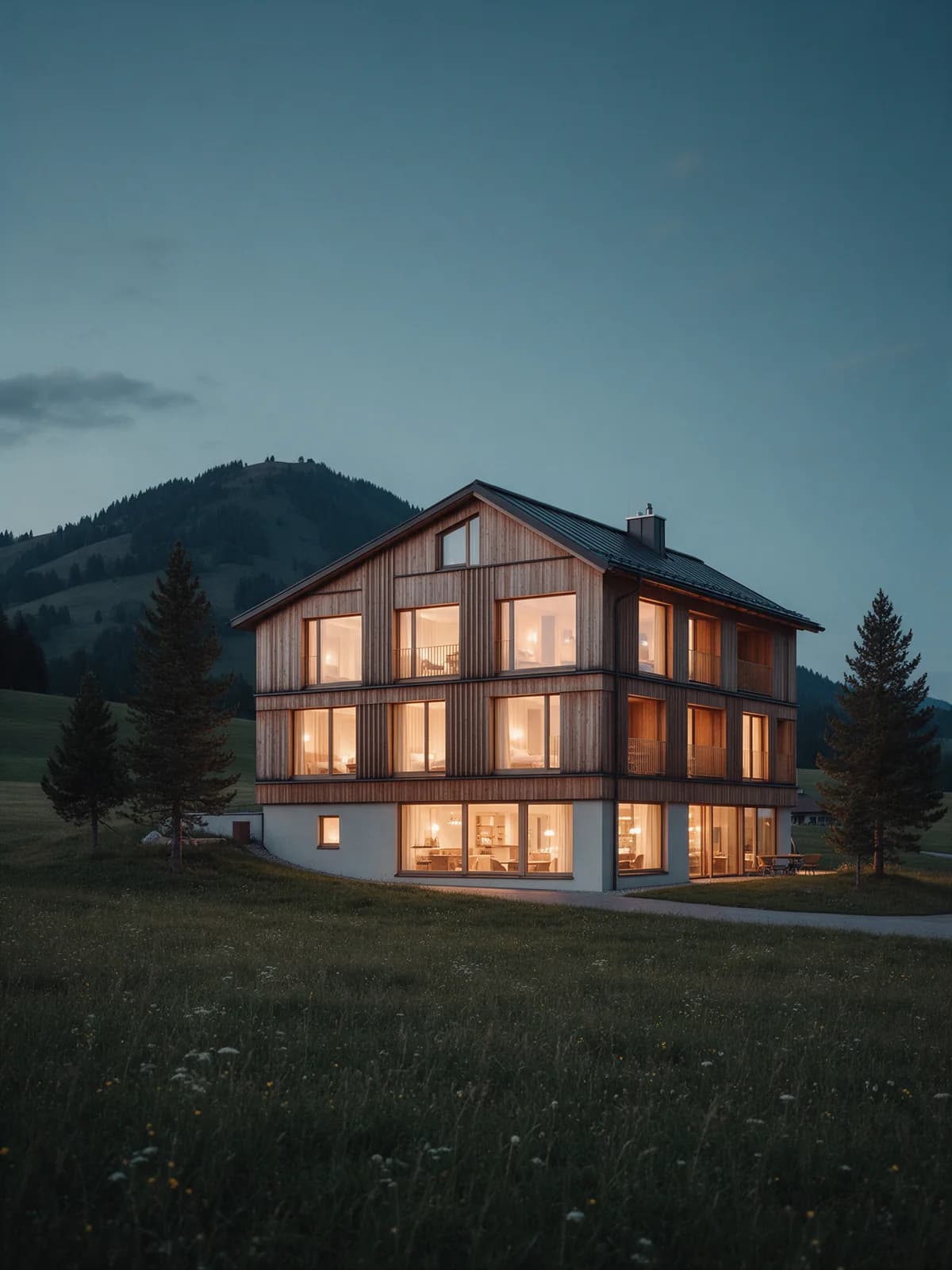 Ein kleines Hotel aus Holz am Abend, die Fenster warm erleuchtet, dahinter Berge