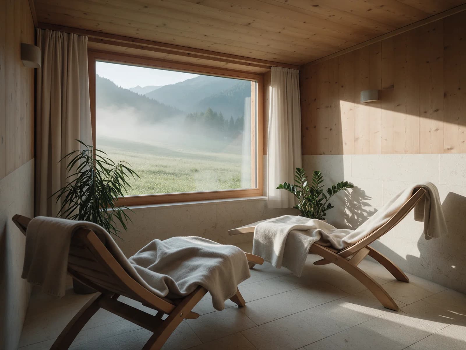 Ruheraum in einem Hotel am Morgen: zwei Holzliegen mit Wolldecken vor einem Fenster mit Blick auf eine Bergwiese im Nebel